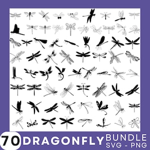 May include: A set of 70 black and white dragonfly illustrations. The dragonflies are in various poses and sizes. This digital download includes SVG and PNG files.