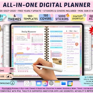 Puede incluir: Un planificador digital todo en uno para 2026-2028 con más de 600 páginas, 4 temas, 100+ plantillas, 150 portadas y 5000 pegatinas. La interfaz muestra un diseño de planificador diario con calendario, horario y lista de tareas para tablets.