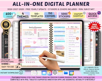 All In One Digital Planner 26, 2027, 2028, 2029 + Any Year + 11 Languages Digital Planner, Journal Goodnotes Template, Weekly, Daily Planner
