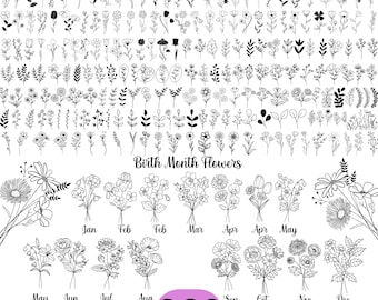 Paquete de flores silvestres SVG, flores del mes de nacimiento SVG, clipart de ramo de flores, SVG botánico, SVG floral, SVG de margarita, SVG de rosa, Amapola