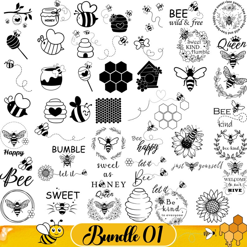 May include: A black and white digital clipart bundle featuring bee-themed illustrations, including bees, honeycombs, flowers, and text phrases like "Bee Kind" and "Sweet as Honey".