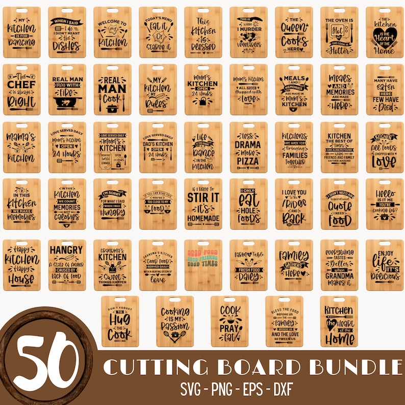 May include: A set of 50 cutting boards with various kitchen-themed designs and sayings. The boards are made of natural wood and have a light brown color. The designs are in black and white and include phrases like "This kitchen is dressed", "The Queen Cooks Here", "Kitchen is the heart of home", and "Hangry".