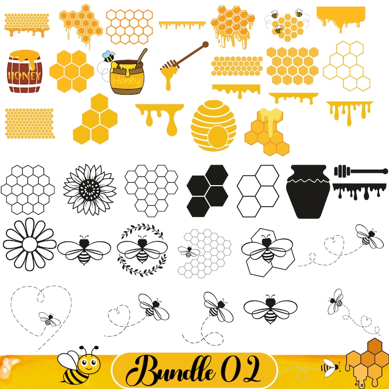 May include: A digital clipart bundle featuring a honeybee theme. The bundle includes images of honeycombs, bees, honey pots, sunflowers, and hearts. The text "Bundle 02" is included in the image.