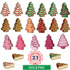 Lot de gâteaux de sapin de Noël Svg, gâteaux de sapin de Noël png, gâteaux de Noël roses, png, gâteau de sapin de Noël dessert, 21 conceptions de gâteau de Noël