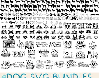 May include: A collection of 500 dog-themed SVG designs, including silhouettes of dogs, paw prints, hearts, and text-based designs. The text includes phrases like "Love is a four-legged word", "All you need is love and a dog", and "Dogs are my favorite people".