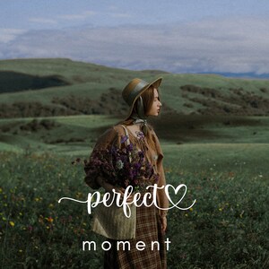 May include: A woman in a brown dress and a straw hat holds a bouquet of purple flowers in a woven basket. The text "perfect♡moment" is written in white cursive on a green field.