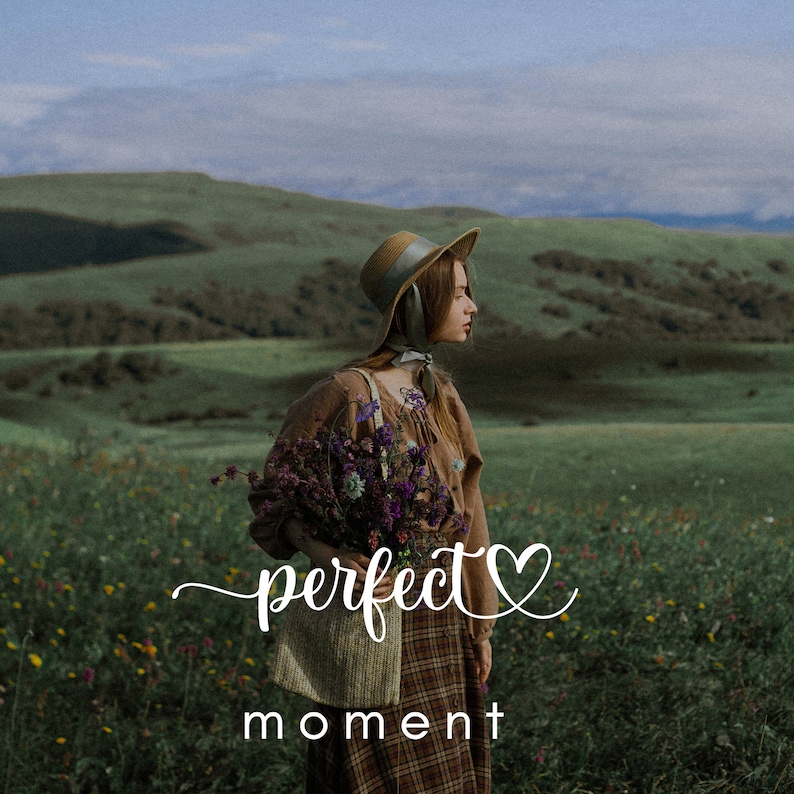 May include: A woman in a brown dress and a straw hat holds a bouquet of purple flowers in a woven basket. The text "perfect♡moment" is written in white cursive on a green field.