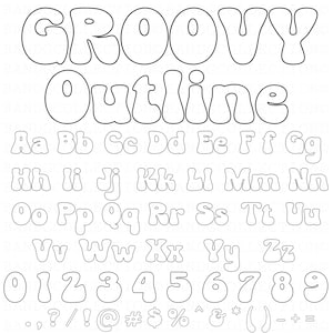 K&ouml;nnte beinhalten: Eine schwarz-wei&szlig;e Outline-Schriftart im Groovy-Stil. Die Schriftart enth&auml;lt Gro&szlig;buchstaben, Kleinbuchstaben, Zahlen und Satzzeichen. Die Schriftart ist schwarz umrandet und innen wei&szlig;.