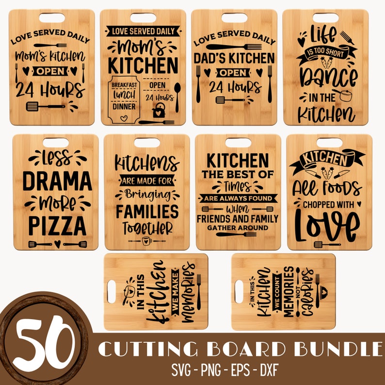 May include: A set of 10 cutting boards with various kitchen-themed sayings. The boards are made of wood and have a natural finish. The sayings include "Mom's Kitchen", "Kitchen is the Best of Times", "Life is Too Short, Dance in the Kitchen", and more.