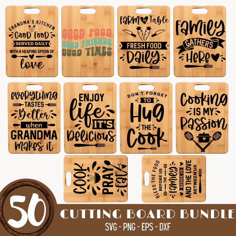 May include: A set of 10 cutting boards with various kitchen-themed sayings. The boards are made of light brown wood and feature black text. Some of the sayings include "Good Food Good Friends Good Times", "Enjoy Life It's Delicious", and "Cooking is My Passion".