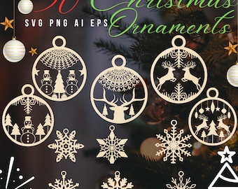 Adornos navideños redondos SVG cortados con láser, paquete de adornos navideños para árboles de Navidad, manualidades colgantes SVG, paquete de adornos de copos de nieve SVG