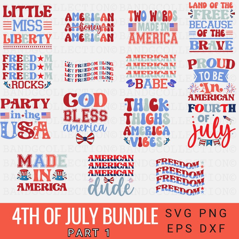 May include: A set of 12 4th of July themed SVG cut files. The designs feature red, white, and blue colors and patriotic phrases like "God Bless America", "Made in America", and "Freedom".