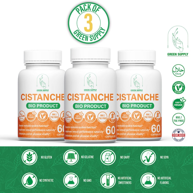 May include: Three bottles of Cistanche Bio Product supplements, each containing 60 capsules. The bottles are white with green labels and feature the brand name "Green Supply". The labels also include the words "Cistanche Bio Product" and "60 Capsules". The bottles are arranged in a row on a white background. The image also includes a green circle with the text "Pack of 3 Green Supply" and various green icons indicating the product is vegan, halal, vegetarian friendly, BSE/TSE free, gluten free, gelatin free, dairy free, soya free, GMO free, and contains no artificial sweeteners or flavors.