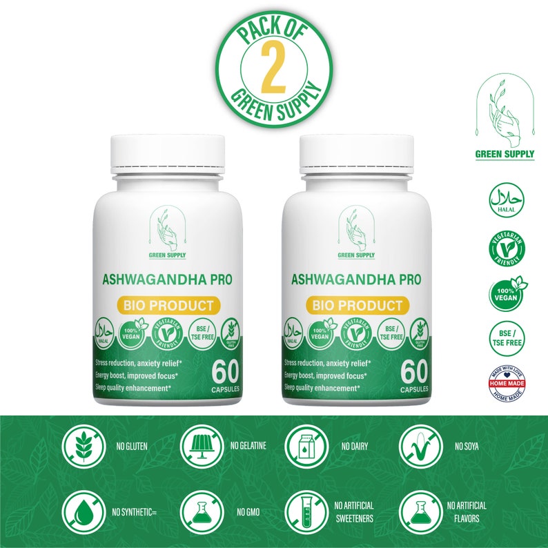 Op de afbeelding: Twee witte flessen Ashwagandha Pro Bio Product voedingssupplementen met groene etiketten en een groen-wit logo. De flessen bevatten elk 60 capsules. De flessen staan op een witte achtergrond met groene en witte afbeeldingen.