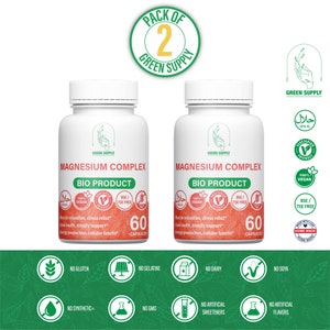 May include: Two white bottles of Green Supply Magnesium Complex Bio Product with green labels and 60 capsules each. The bottles are on a white background with green and white icons indicating the product is vegan, halal, gluten-free, dairy-free, soy-free, gelatin-free, GMO-free, and free of artificial sweeteners and flavors.