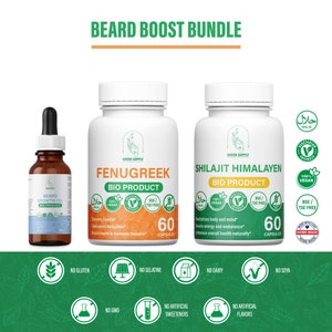 Beard Boost Bundle: 1 Beard Growth Oil + 1 Fenugreek + 1 Shilajit Himalayan high quality natural vegetarian extract.