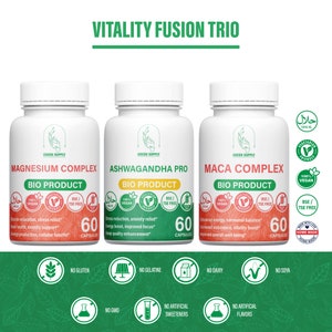 Vitality Fusion Trio: 1 Magnesium Complex + 1 Ashwagandha + 1 Maca complex natural extract of high vegetarian quality.