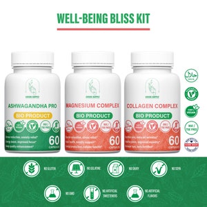 Well-Being Bliss Kit: 1 Ashwagandha + 1 Magnesium Complex + 1 Collagen complex natural extract of high vegetarian quality.