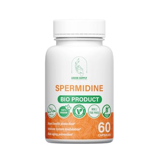Può includere: Bottiglia di plastica bianca con un'etichetta verde e arancione. L'etichetta dice "GREEN SUPPLY SPERMIDINE BIO PRODUCT" e ha una varietà di certificazioni tra cui Halal, Vegan, Vegetarian Friendly, BSE/TSE Free e Gluten Free. La bottiglia contiene 60 capsule.