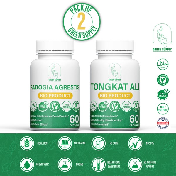 PACK DE POTENCIACIÓN: 1 Tongkat Ali + 1 Fadogia Agrestis, extracto natural de alta calidad vegetariano.