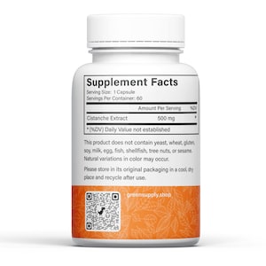 May include: White plastic bottle with an orange label that says "Supplement Facts". The label lists the ingredients and amount per serving of Cistanche Extract. The bottle also has a QR code and the website "greensupply.shop".