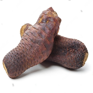 May include: Two dried brown root vegetables with a textured surface.