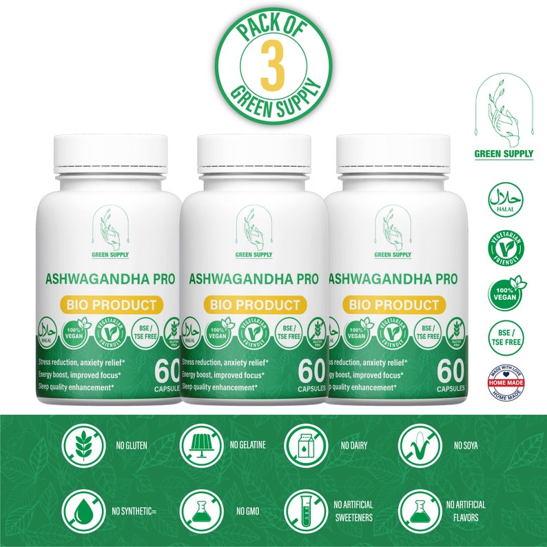May include: Three white bottles of Ashwagandha Pro Bio Product dietary supplements with green labels and a green and white logo. Each bottle contains 60 capsules and has a list of benefits including stress reduction, anxiety relief, energy boost, improved focus, and sleep quality enhancement. The bottles are arranged in a row on a white background. The image also includes a green and white logo with the text "Pack of 3 Green Supply".