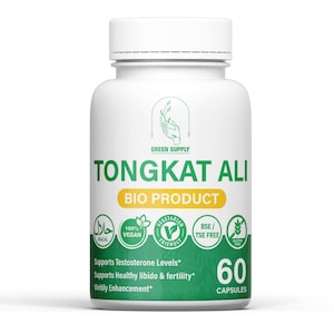 May include: A white bottle of Tongkat Ali capsules. The label features the text "TONGKAT ALI" in large green letters, with "BIO PRODUCT" in yellow. It also includes icons for Halal, Vegan, Vegetarian Friendly, and Gluten Free. The bottle contains 60 capsules.