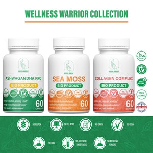 Wellness Warrior Collection: 1 Ashwagandha pro + 1 Sea Moss + 1 Collagen complex natural extract of high vegetarian quality.