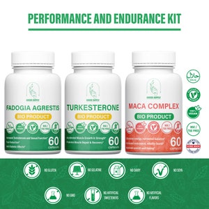 Performance and Endurance Kit: 1 Fadogia Agrestis + 1 Turkesterone + 1 Maca complex natural extract of high vegetarian quality.