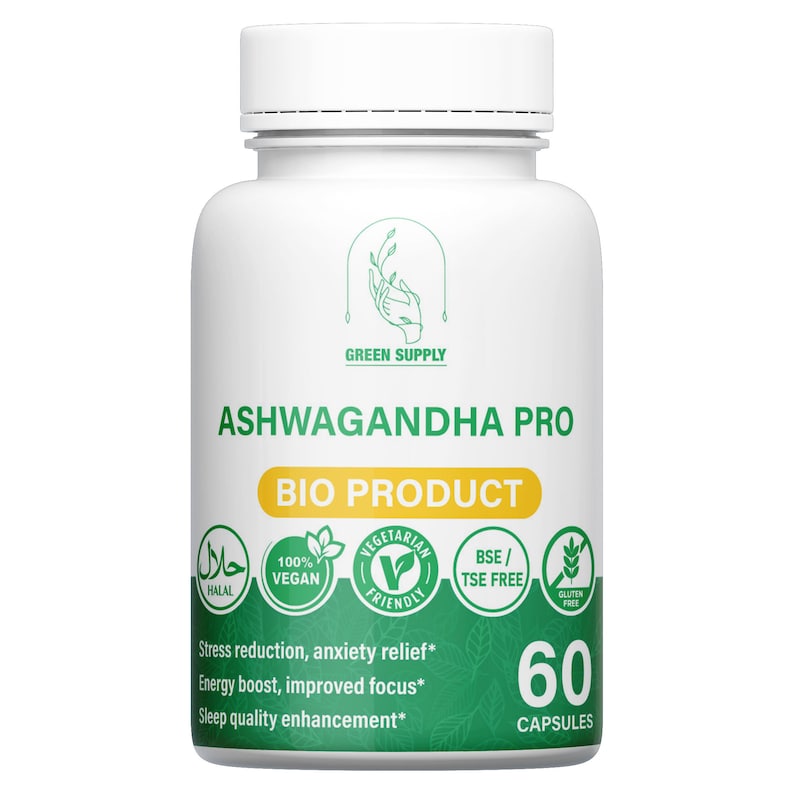 Op de afbeelding: Witte fles met een groen label en de tekst "Ashwagandha Pro Bio Product". De fles bevat 60 capsules en is ge&euml;tiketteerd als halal, vegan, vegetarisch, BSE/TSE-vrij en glutenvrij.