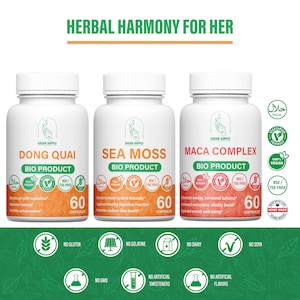 Herbal Harmony for Her: 1 Dong Quai + 1 Sea Moss + 1 Maca complex natural extract of high vegetarian quality.