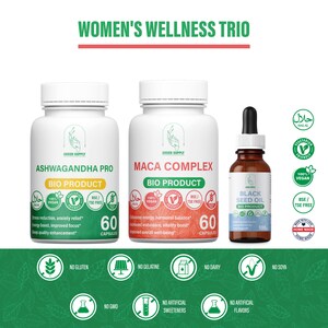 Women&#39;s Wellness Trio: 1 Ashwagandha + 1 Maca complex + 1 Black Seed Oil natural extract of high vegetarian quality.
