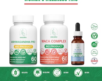 Women's Wellness Trio: 1 Ashwagandha + 1 Maca complex + 1 Black Seed Oil extrait naturel de haute qualité végétarienne.
