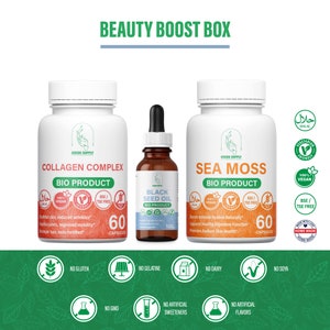 Beauty Boost Box: 1 Collagen complex + 1 Black Seed Oil + 1 Sea Moss natural extract of high vegetarian quality.
