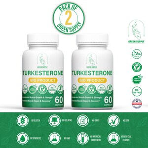 May include: Two green bottles of Turksterone Bio Product, each containing 60 capsules. The bottles are labeled with the brand name "Green Supply" and feature a variety of certifications, including Halal, Vegan, Vegetarian Friendly, BSE/TSE Free, and Home Made. The bottles are sitting on a green background with icons indicating that the product is gluten-free, gelatin-free, dairy-free, soy-free, synthetic-free, GMO-free, and free of artificial sweeteners and flavors.
