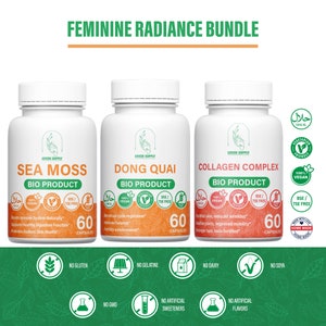 Feminine Radiance Bundle: 1 Sea Moss + 1 Dong Quai + 1 Collagen complex natural extract of high vegetarian quality.