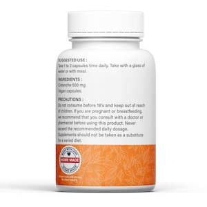 May include: White bottle with a black label containing information about the product. The label includes the words "Suggested Use", "Ingredients", "Cistanche 500 mg", "Vegan capsules", "Precautions", and "Made with Love, Home Made".