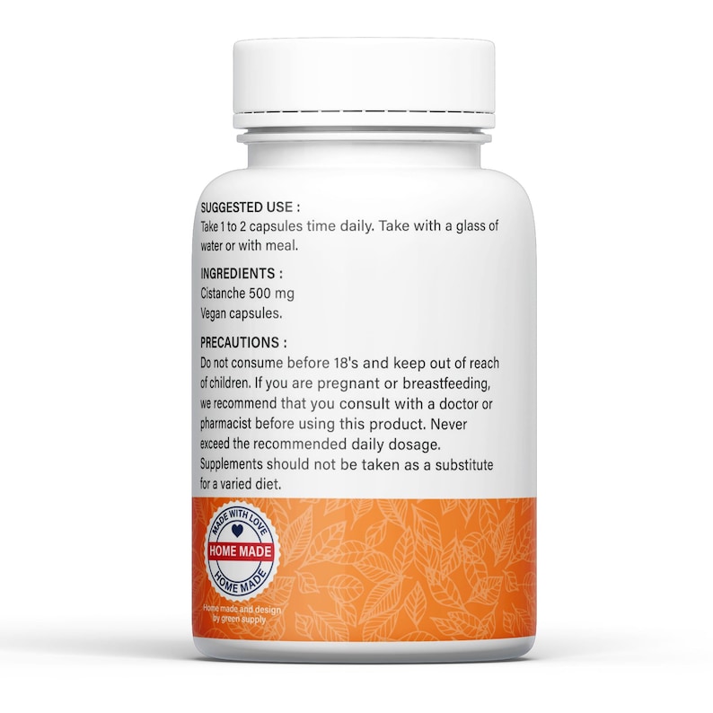 May include: White bottle with a black label containing information about the product. The label includes the words "Suggested Use", "Ingredients", "Cistanche 500 mg", "Vegan capsules", "Precautions", and "Made with Love, Home Made".
