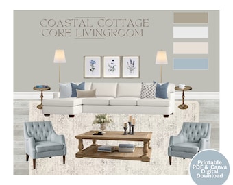 May include: A coastal cottage core living room design featuring a white sectional sofa with blue and white throw pillows, two blue armchairs, a wooden coffee table, and a rug with a floral pattern. The room is decorated with botanical prints and a neutral color palette.