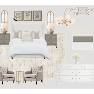 Tablero de ideas para renovar un dormitorio acogedor en tonos neutros, diseño de dormitorio estilo cottagecore, dormitorio acogedor, luminoso y brillante