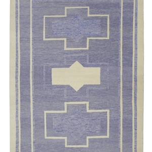 Alfombra turca vintage Oushak: lana hilada a mano de 8x10, blanca y azul