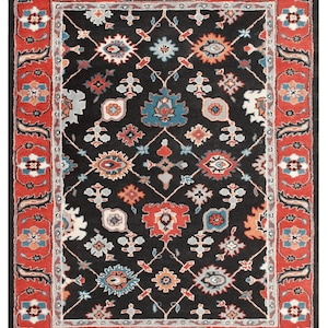Persian Hand-Tufted Wool Rug - Traditional Floral Design in Black and Red, Persian-Style Carpet for Living Room or Bedroom, Custpm Size rug.