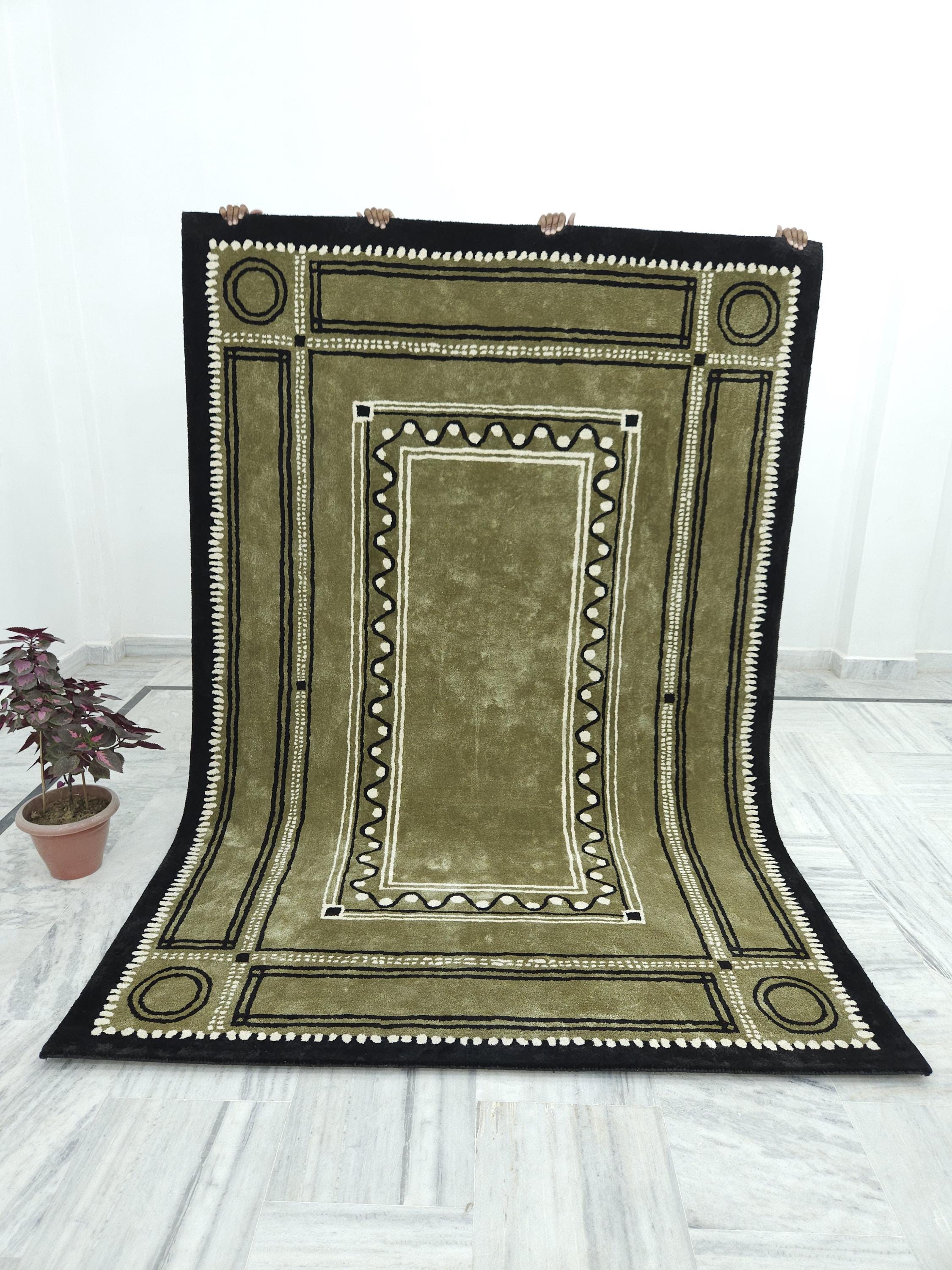 Olive Green Hand-Tufted Rug: Custom Size Viscose Carpet, Boho Decor