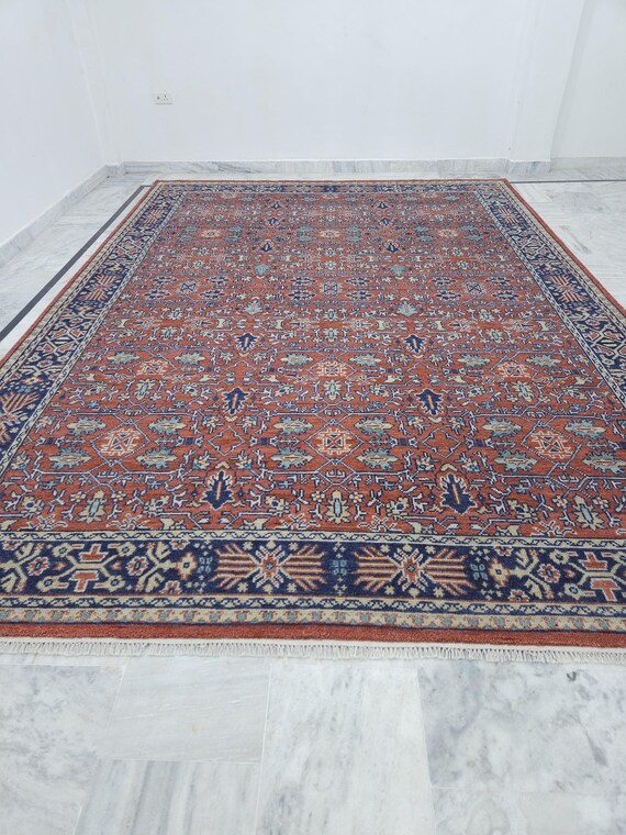 Handspun Wool Persian Rug 8x10 – Distressed Vintage Royal Blue Boho Bedroom Rug