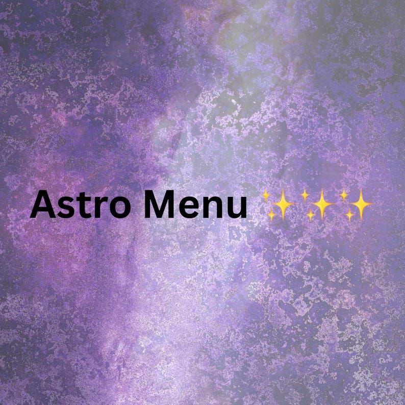 May include: A purple and silver background with the words "Astro Menu" in black text. Four yellow stars are to the right of the text. The background has a textured, marbled appearance.