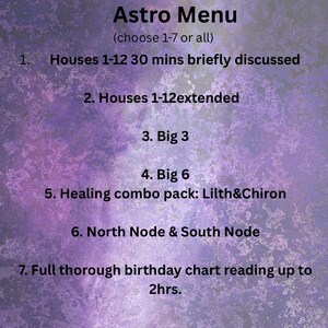 May include: A purple and white graphic titled 'Astro Menu'. The text details astrology reading options, such as house discussions, extended readings, and chart readings. The menu is designed to help customers select from a range of astrological services.