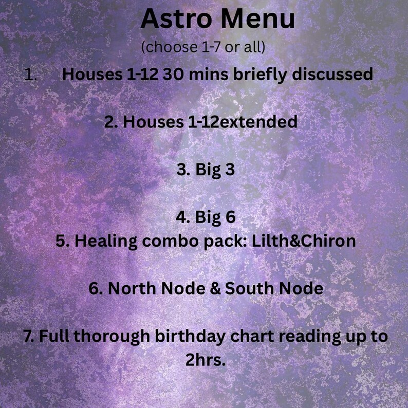 May include: A purple and white graphic titled 'Astro Menu'. The text details astrology reading options, such as house discussions, extended readings, and chart readings. The menu is designed to help customers select from a range of astrological services.
