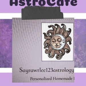 May include: AstroCafe logo featuring a sun and moon illustration. The text "AstroCafe" is in a purple, rounded font. Below the illustration is the text "Sayrawrlee123astrology" and "Personalized Homemade". The background is a mix of purple and white.