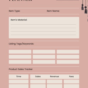 Peut inclure: Un planificateur de produits imprimable avec des sections pour le type d'article, le matériau, les mots-clés de la liste et le suivi des ventes. Le planificateur a un fond rose et une bordure décorative.